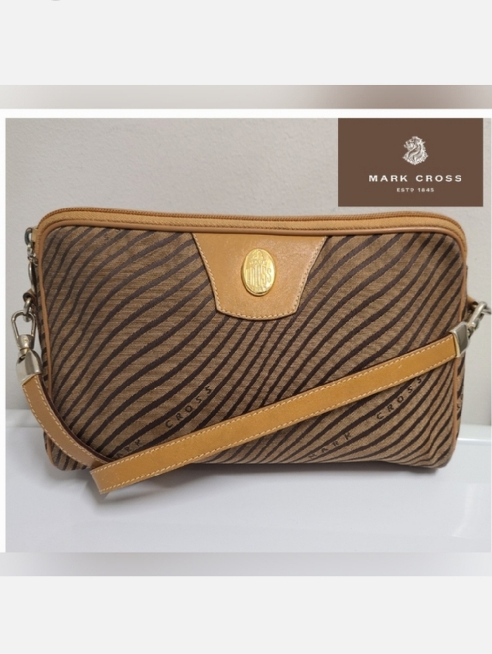 MARK CROSS VINTAGE 80's Brown Striped Canvas & Tan Leather Crossbody Bag